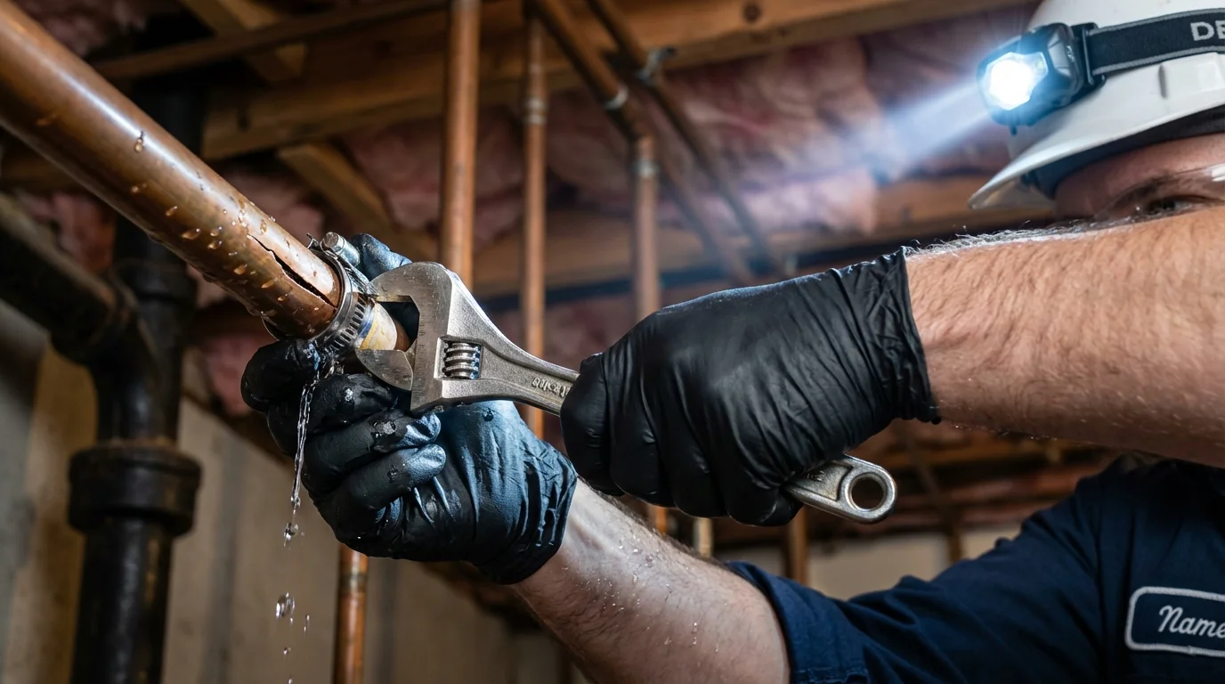 Emergency pipe clamp repair being performed by a Johns Plumbing LLC plumber in Dawson