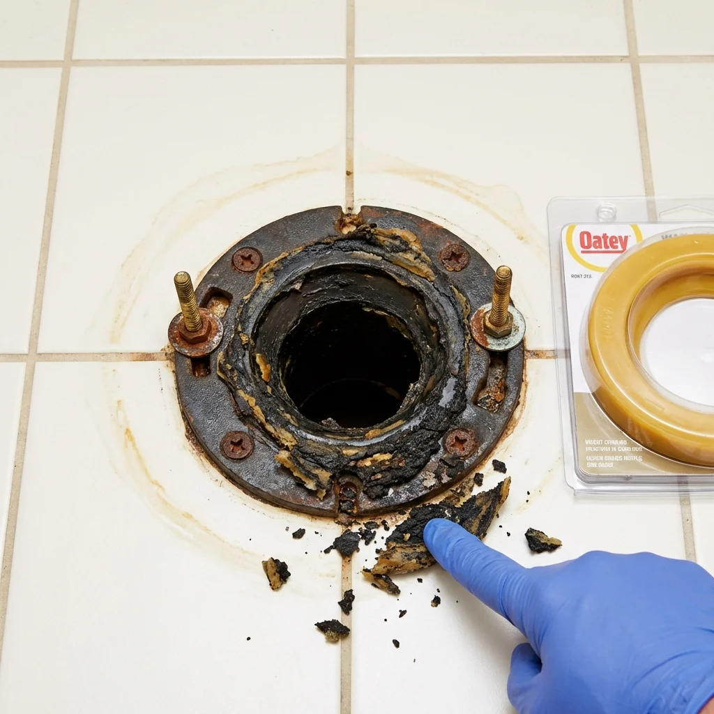 Failed wax ring showing water seepage at the base of a toilet in a Dawson, MN home