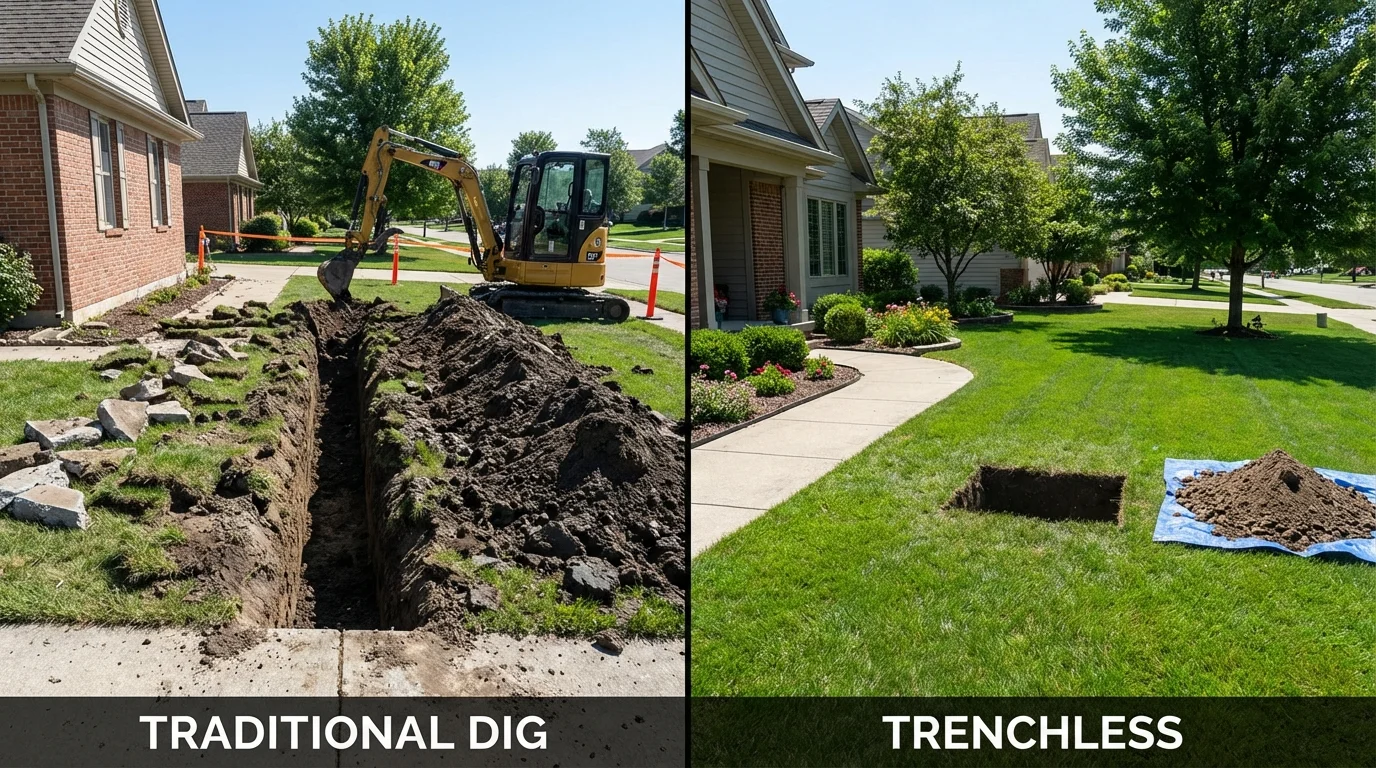 Trenchless sewer repair with minimal yard damage versus traditional excavation in Dawson, MN